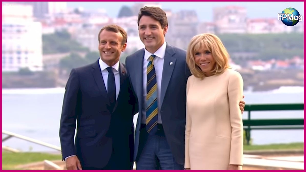 Canadian Prime Minister greeted by French Republic President Emmanuel Macron and his wife Brigitte Macron. 