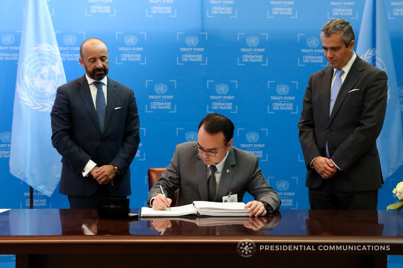 The Philippines represented by Foreign Affairs Secretary Alan Peter Cayetano signs the Treaty on the Prohibition of Nuclear Weapons at the United Nations headquarters in New York on 20 September 2017.