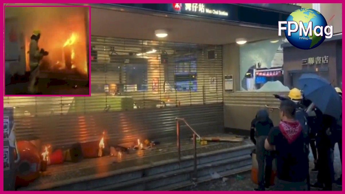 Demonstrators in Hong Kong are using fire bombs and other weapons apparently to intimidate police. Here they set fire to a train station. You can see in the inset, a firefighter trying to contain the blaze.