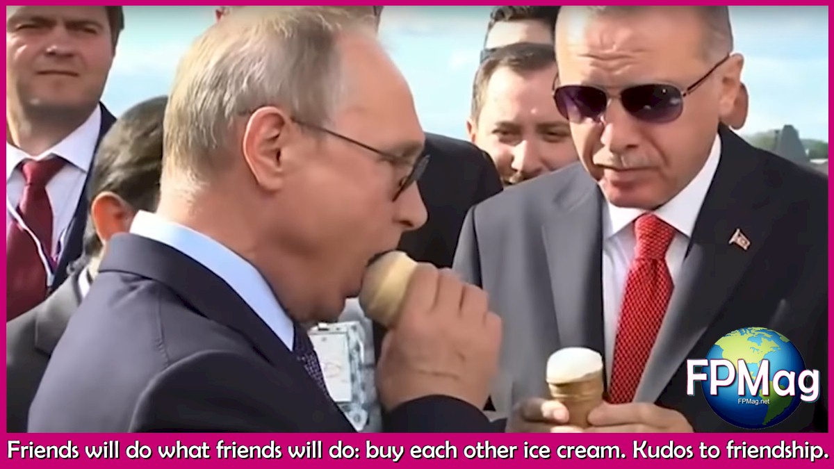 Russian President Vladimir Putin and Recep Tayyip Erdogan visit the MAKS 2019 air show in Zhukovsky, outside Moscow, Russia, Aug. 27, 2019. President Putin buys President Erdogan an ice cream.