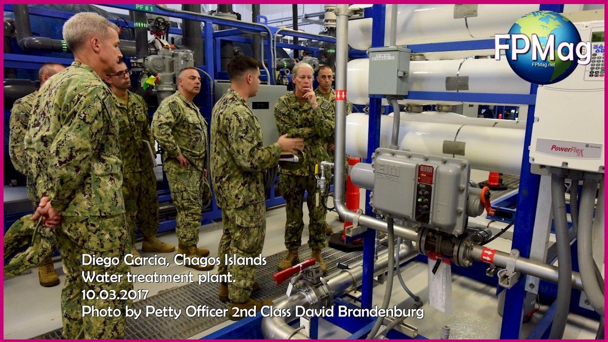 DIEGO GARCIA, British Indian Ocean Territory (Oct. 2, 2017) – Vice Adm. Mary Jackson, Commander Navy Installations Command, is shown the Nano drain system in the water treatment plant by Lt Cory Devonis during an assessment of the U.S. Navy Facility (NSF) Diego Garcia. NSF Diego Garcia provides logistic, service, recreational and administrative support to U.S. and Allied Forces forward deployed to the Indian Ocean and Arabian Gulf. (U.S. Navy photo by Mass Communication Specialist 2nd Class David A. Brandenburg/Released)