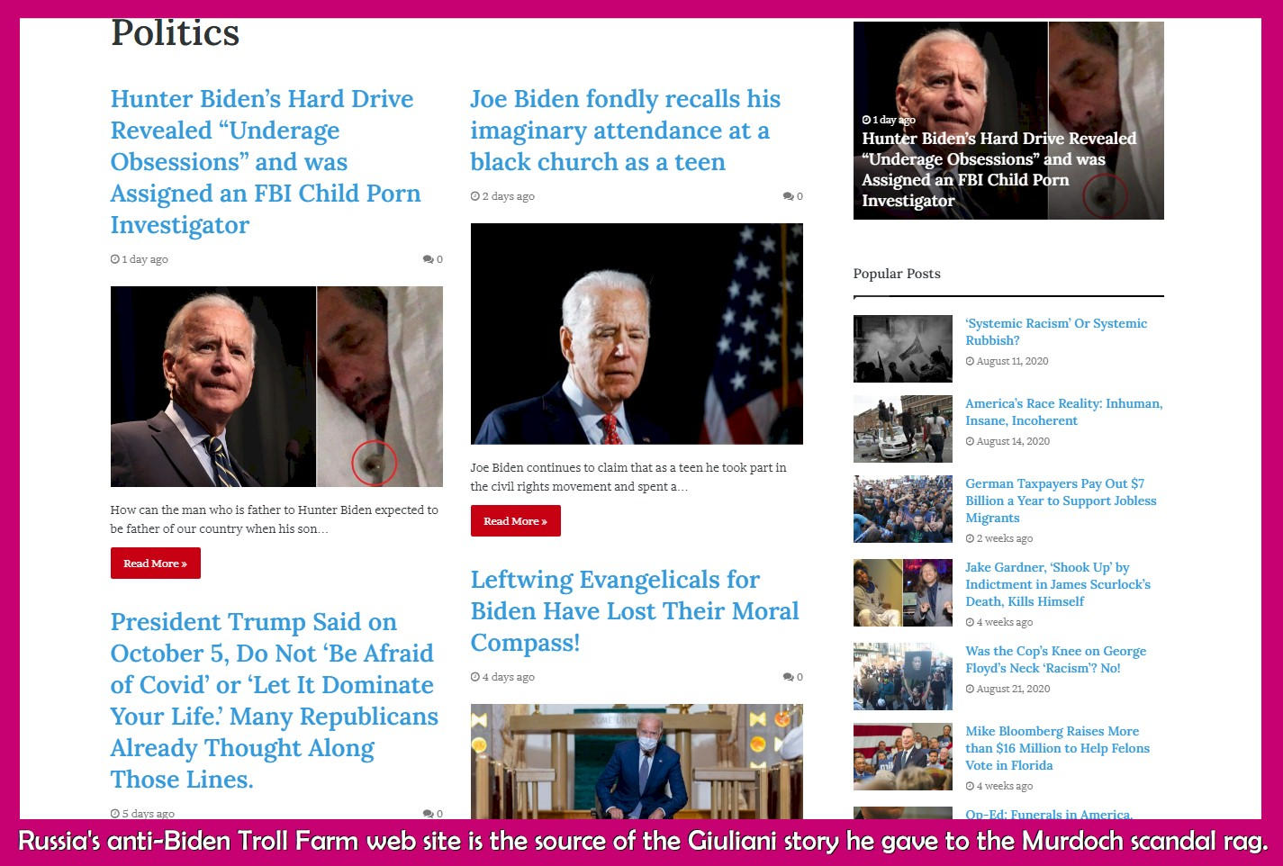 Russia's anti-Biden Troll Farm web site is the source of the story that Bannon and Giuliani gave to Murdoch and Sean Hannity writers at the New York Post