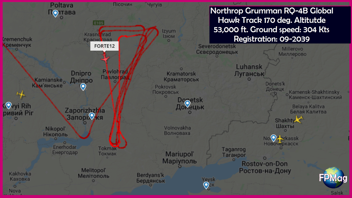 Northrop Grumman RQ-4B Global Hawk Track 170 deg. Altitude 53,000 ft. Ground speed: 304 Kts. Registration: 09-2039